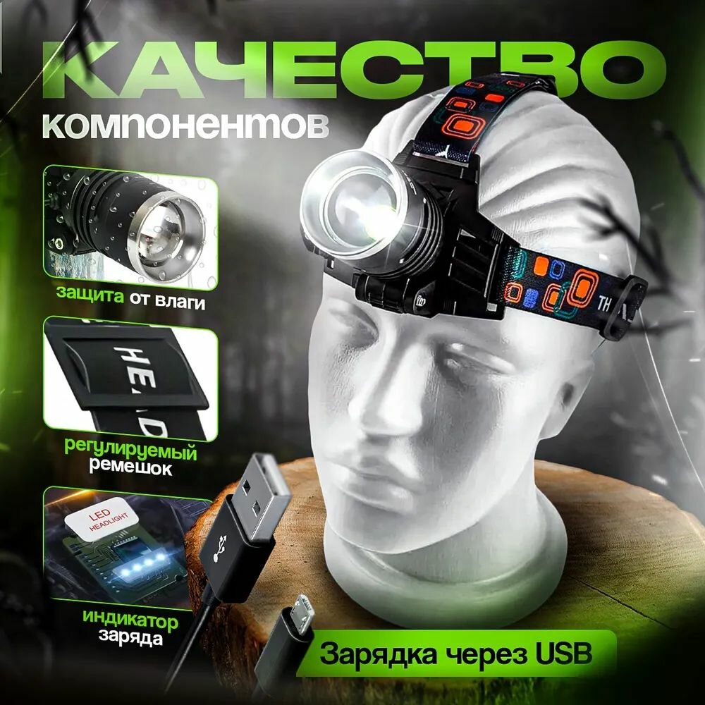 Фонарь налобный аккумуляторный, лазерный светодиодный, бытовой, LED с зарядкой, с функцией powerbank, модель OS-A850-P90 — фото 1