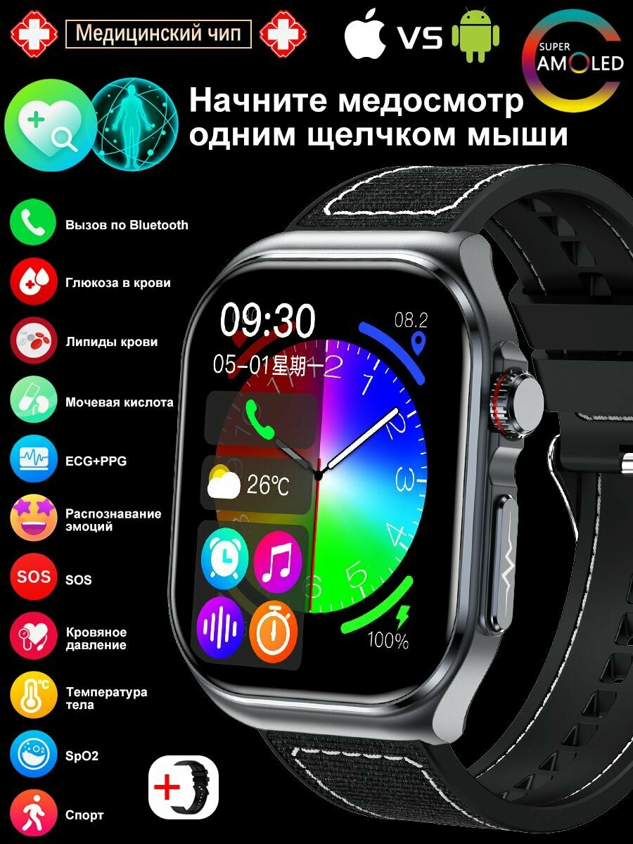 Умные часы с ЭКГ, анализом сахара в крови и давлением, AMOLED-экран,530 мАч, Новинка 2025