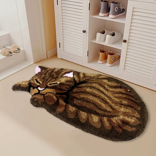 Изображение товара Противоскользящий 3D ковер-кот из полиэстера, brown, 85X45cm