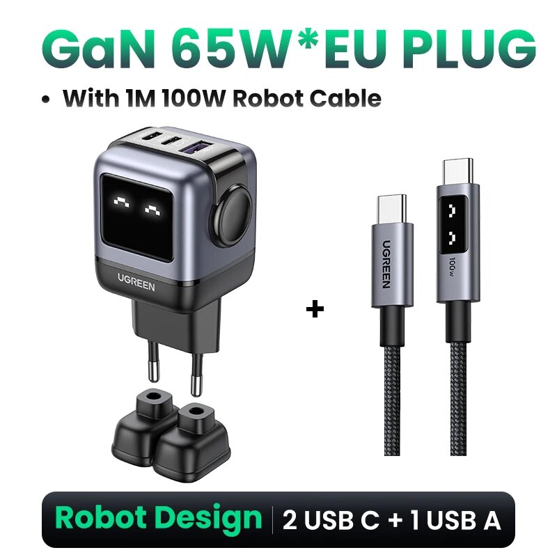 Зарядное устройство Ugreen, 65 Вт, с функцией быстрой зарядки, EU Black Robot Cable