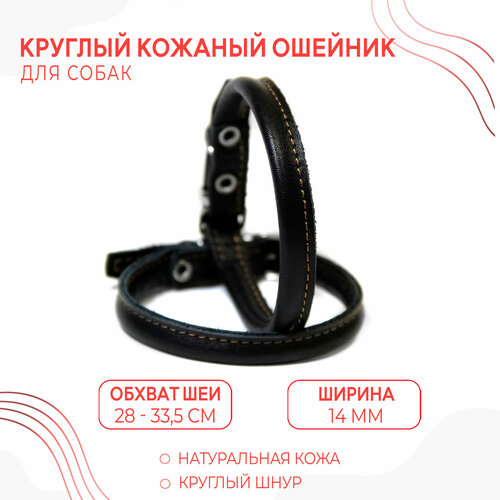 фото Круглый кожаный ошейник (обхват шеи 28-33,5 см.)для маленьких пород собак с пушистой шерстью / черный
