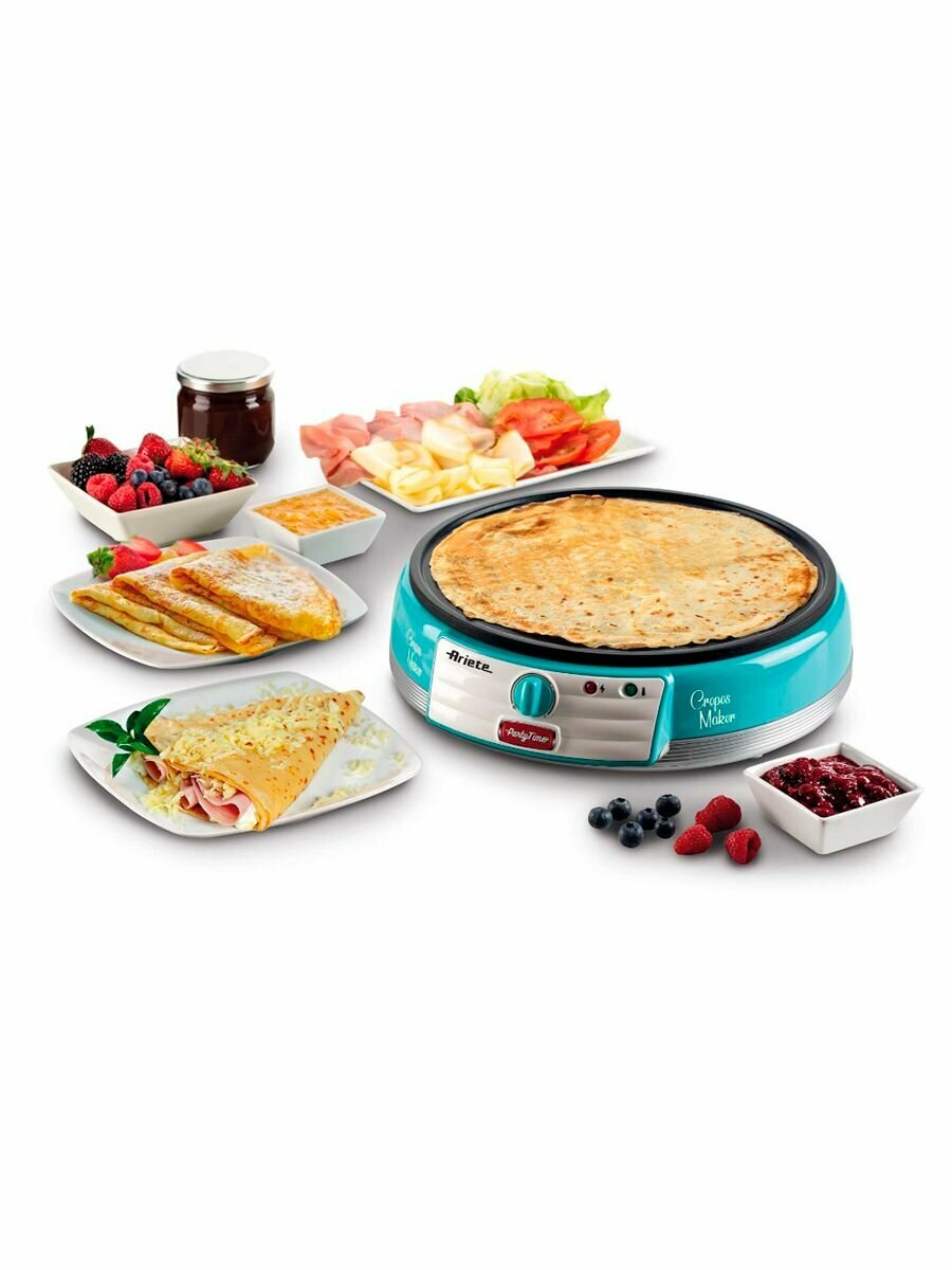 Блинница Ariete Party Time, голубой, 1000 Вт, антипригарное покрытие, 2 лопатки в комплекте (00C020201AR0) — фото 1