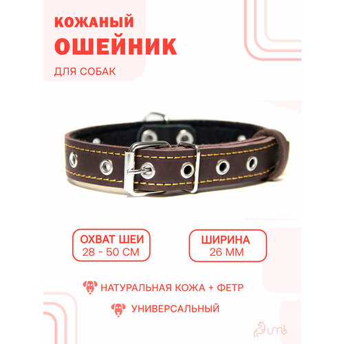 Кожаный ошейник (обхват шеи 28-50 см.) на фетре для собак / коричневый цвет