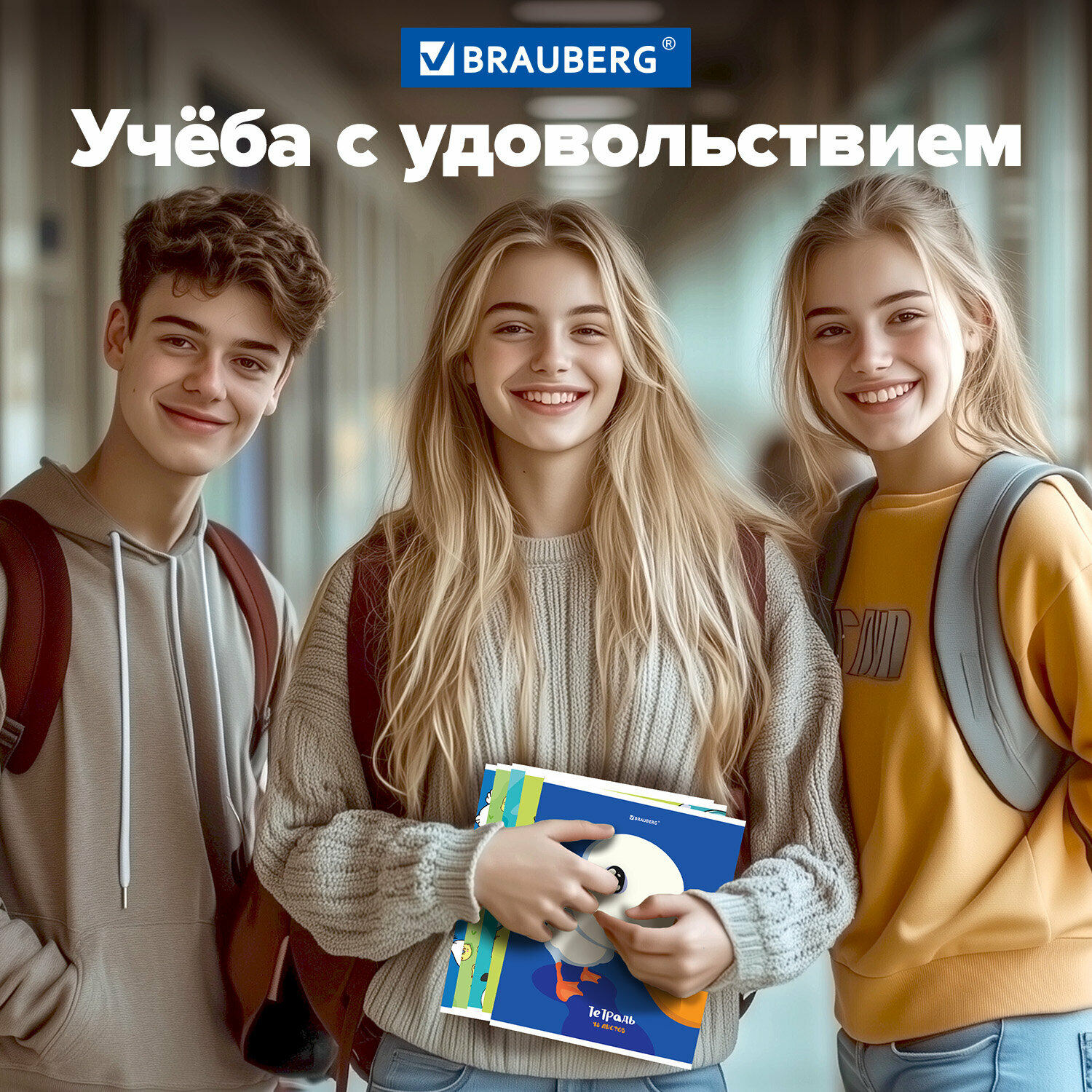 Тетрадь А5 в клетку 48 листов для записей в школу и офис, набор 5 штук, матовая обложка, Brauberg Курлык и все-все-все, 404959 — фото 1
