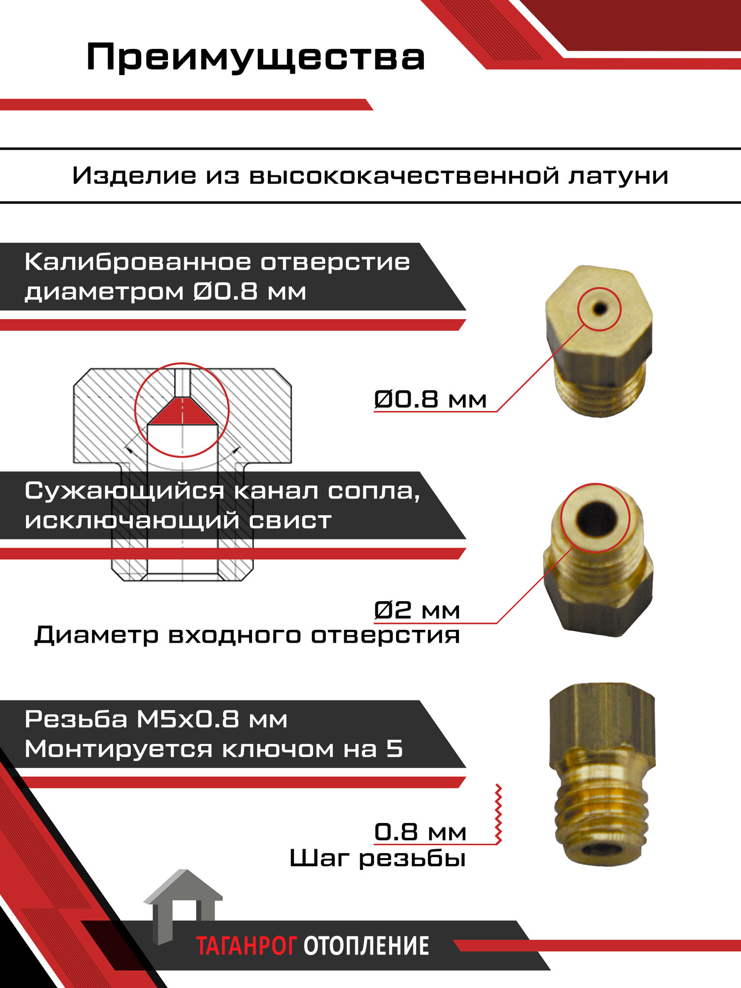 Жиклеры для газовой плиты (комплект 5 шт.) М5х0.8, 0.8 мм (сжиженный газ) — фото 1