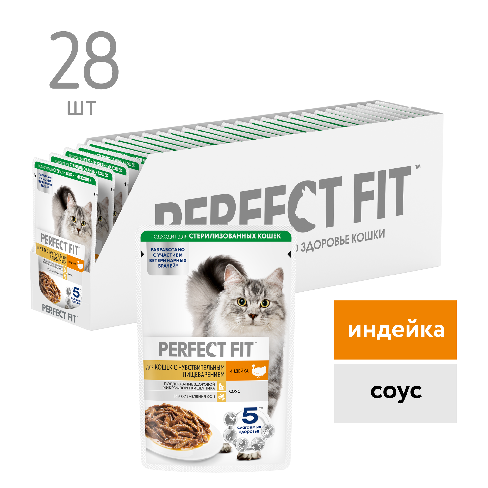 Влажный корм PERFECT FIT для взрослых кошек с чувствительным пищеварением, с индейкой в соусе, 28 шт по 75 г