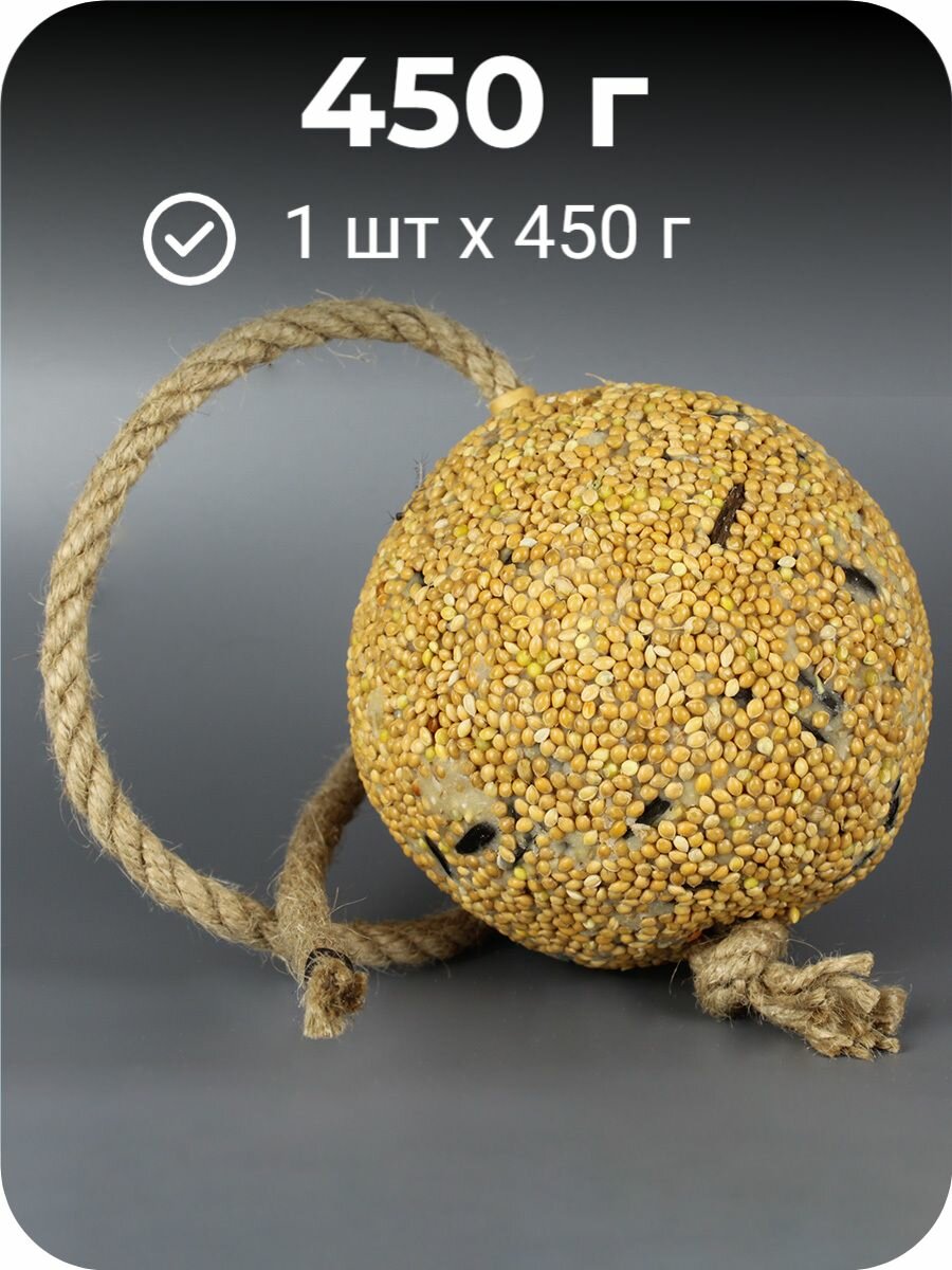 Большой жировой шар для птиц на верёвке 450 г - корм для уличных птиц
