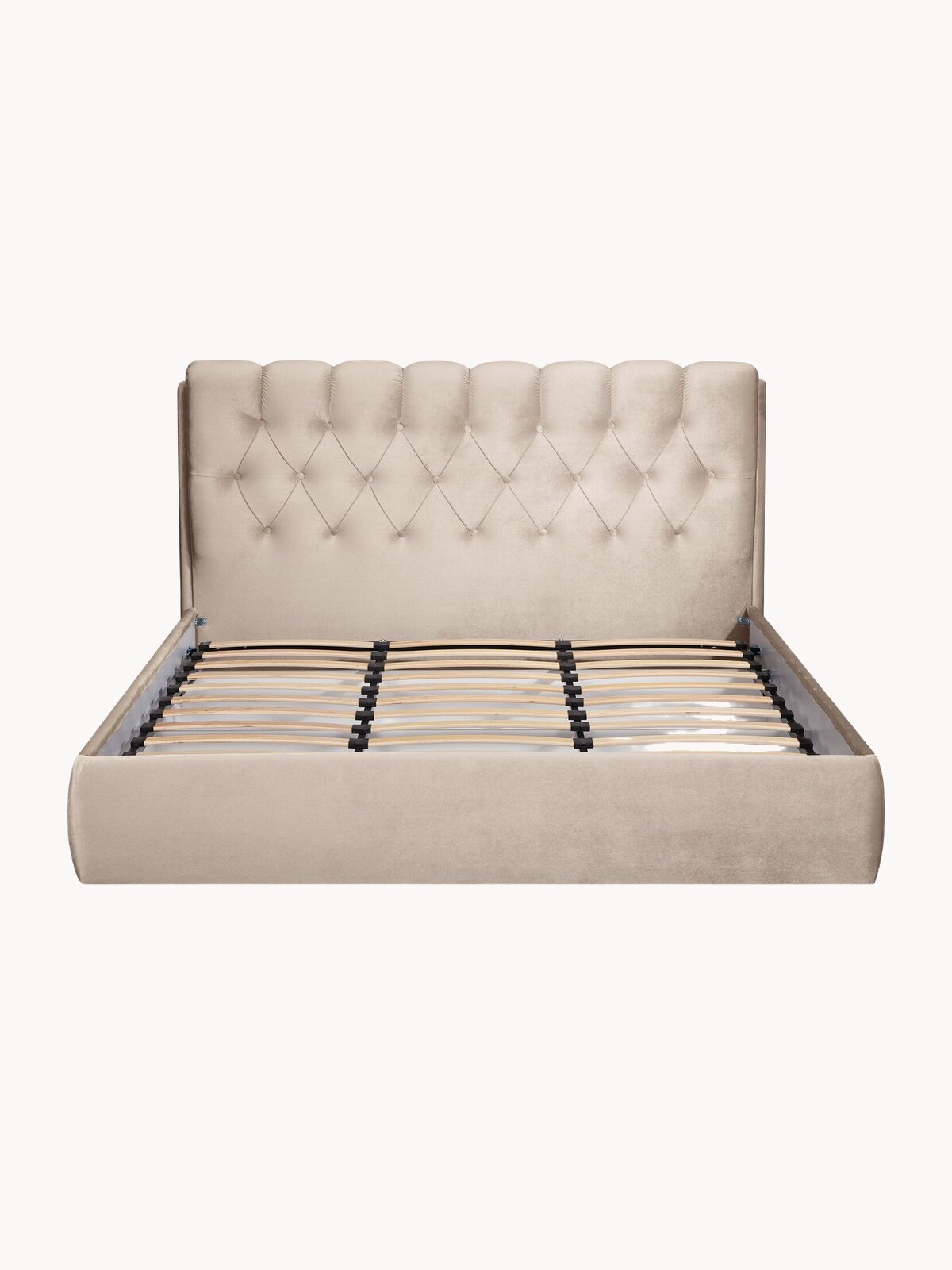 Двуспальная кровать 180х200 с подъемным механизмом Империя, с ящиками и мягким изголовьем, бархат бежевый, Ами Мебель