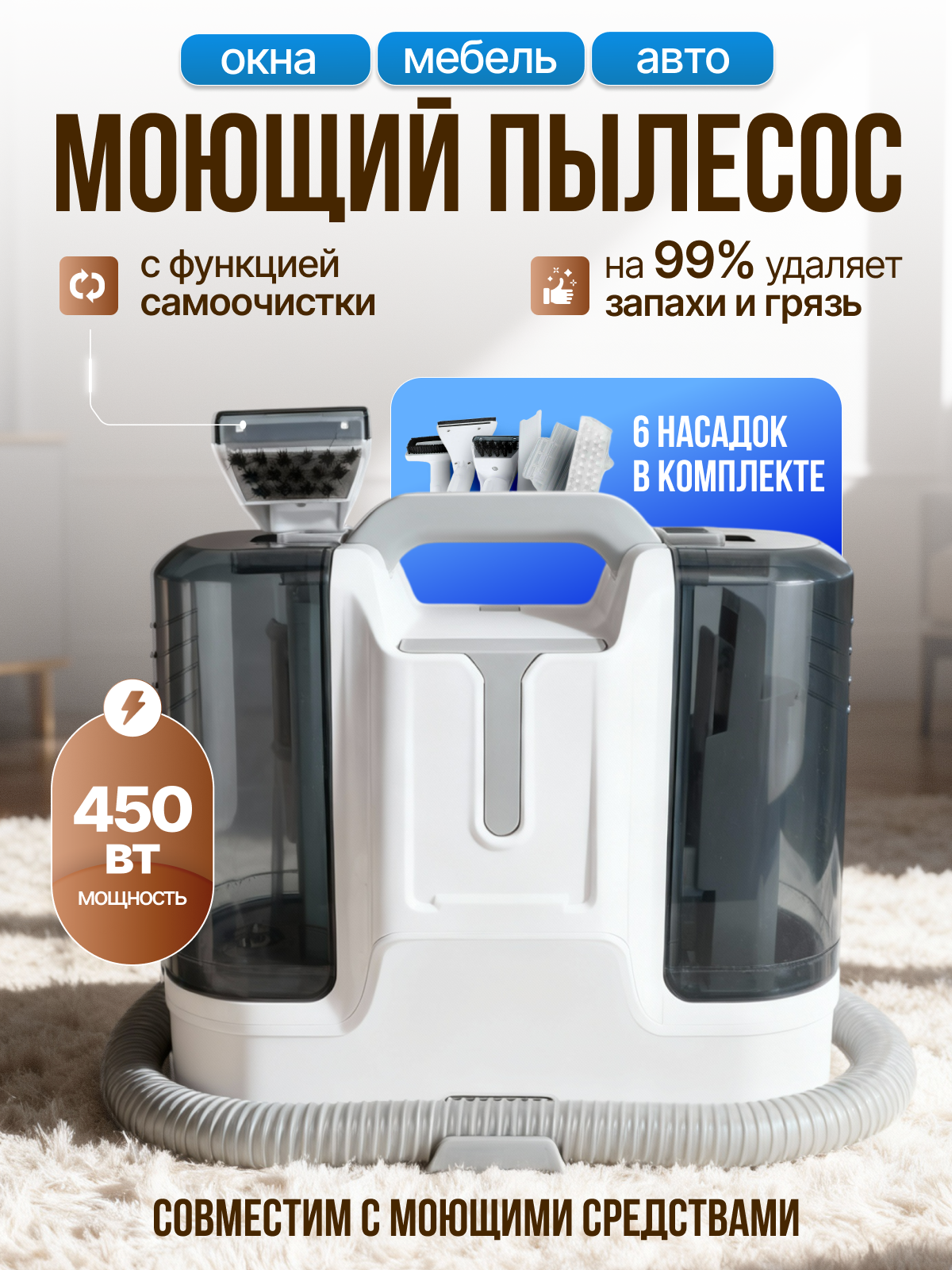 Моющий пылесос для мебели ковров аквафильтр 450 Вт 12000PA