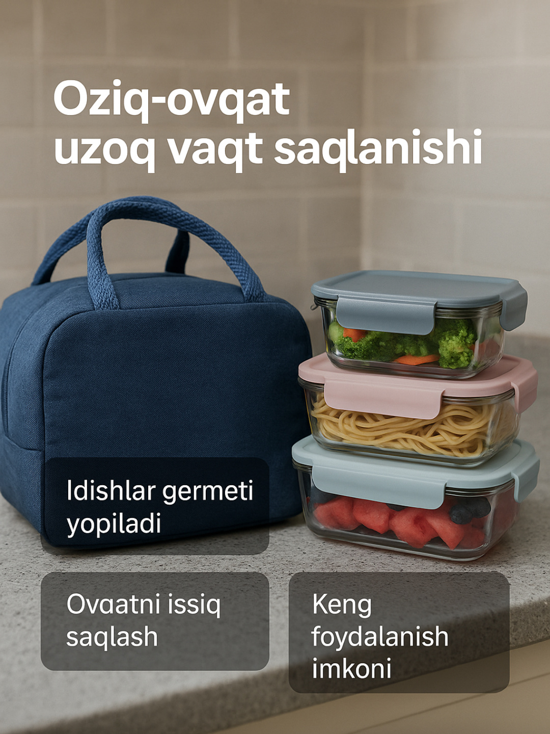 Ланч-бокс с 3 бутылками для сохранения еды теплой, с термосумкой, удобный и прочный