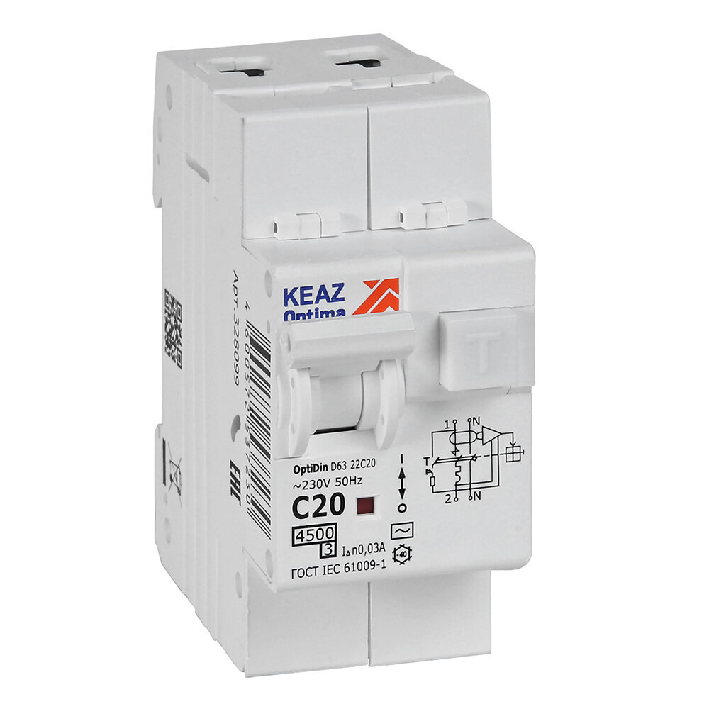 Автомат дифференциальный КЭАЗ OptiDin D63 20А 1P+N тип AC 30 мА 45 кА (328099)