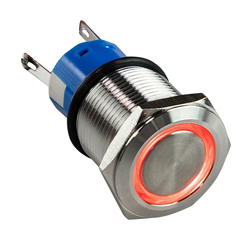 Кнопка без фиксации 12 В 5А, OFF-(ON) 5P, D19 красная подсветка (Москва)
