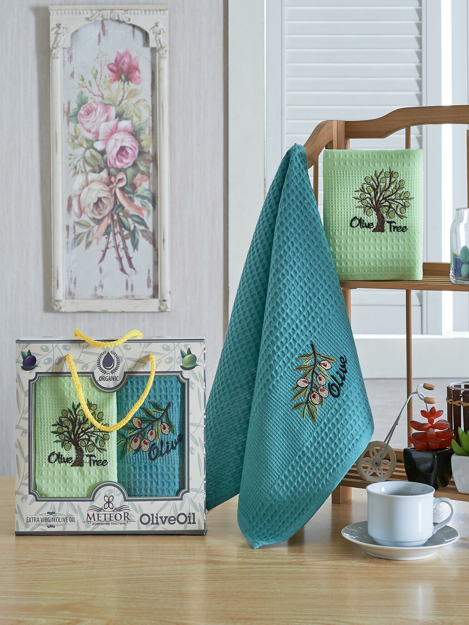 фото Набор вафельных полотенец METEOR в коробке с вышивкой, 40х60 см (2 шт.) OLIVE