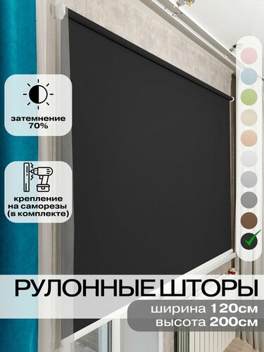 Рулонные шторы ширина 120 см высота 200 см Roll Life черный не блэкаут ...