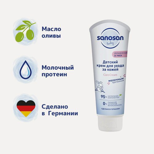 Изображение товара Детский крем для ухода за кожей лица и тела малыша Sanosan. Защита и увлажнение после купания, натуральные компоненты 100 мл новая формула. Подарок для новорожденных и выписку из роддома.