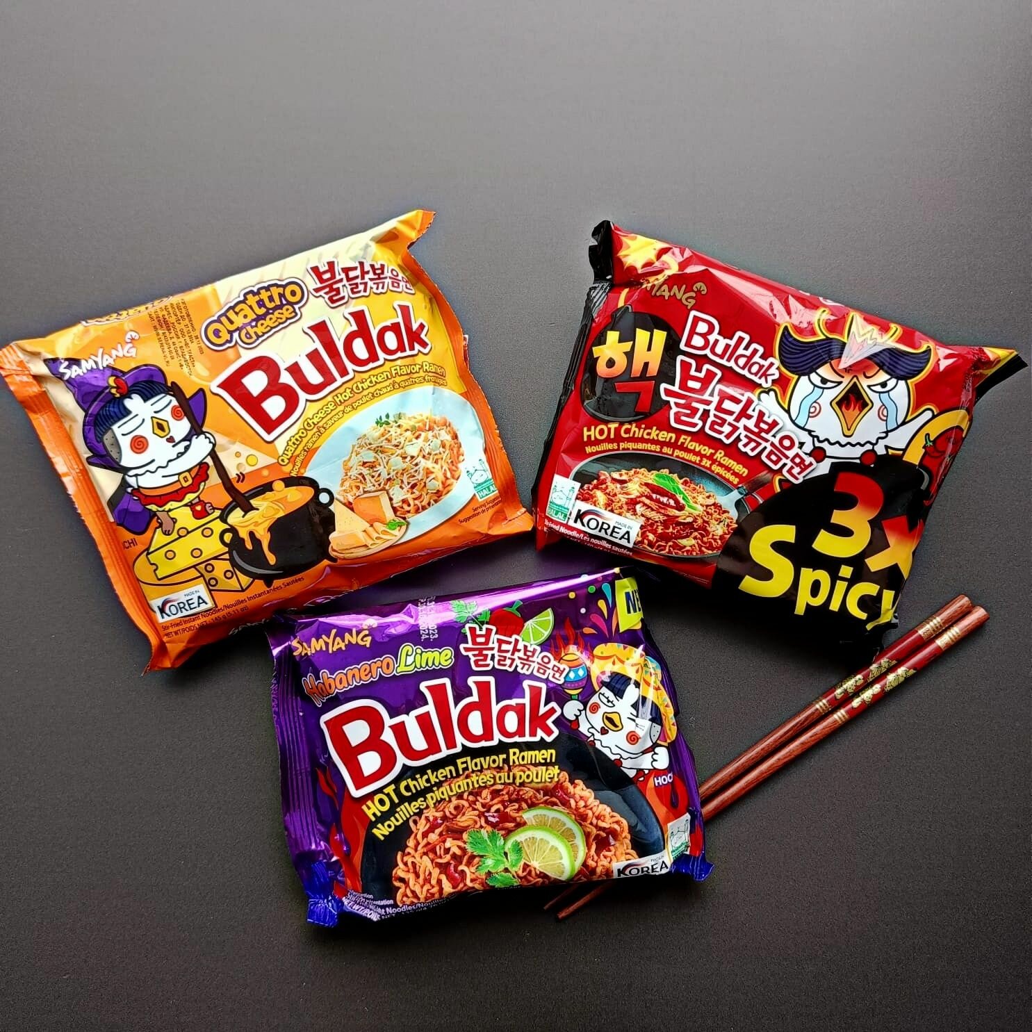 Лапша б/п "Hot Chicken Flavor Ramen" тм SAMYANG (набор 3 вкуса: Quattro Cheese, 3xSpicy, Habanero&Lime), 420г, Корея
