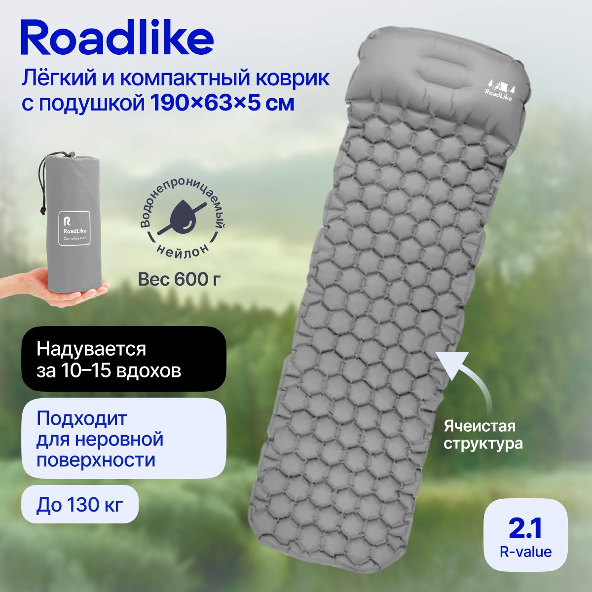 фото Коврик надувной туристический RoadLike Venture Серый