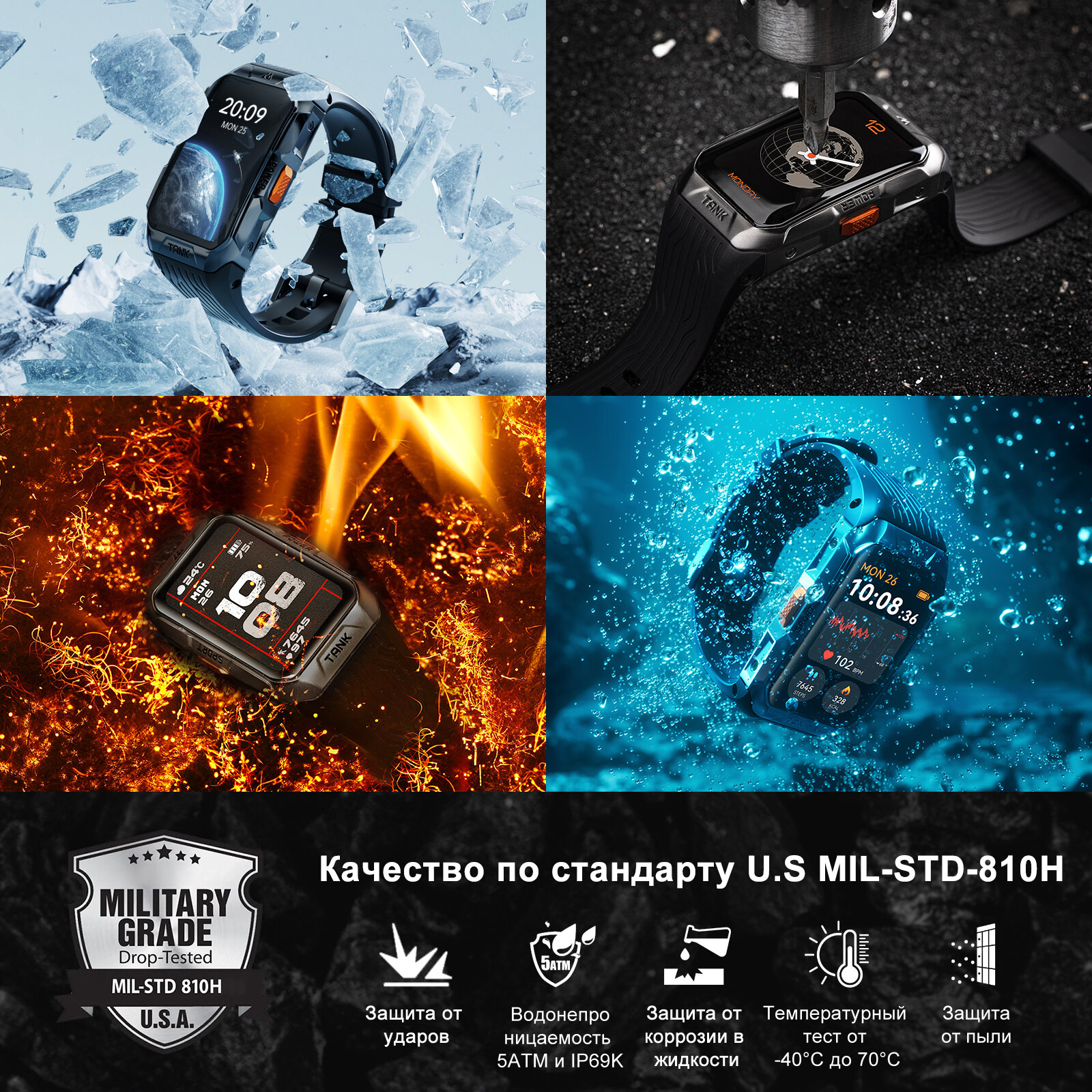 KOSPET X2U Мужской Умные смарт часы в стиле милитари,1,64-дюймовый 3D-дисплей поддерживает GPS, водонепроницаем на глубине до 50 метров, поддерживает несколько режимов тренировок и функции мониторинга сердечного ритма.（черное） — фото 1