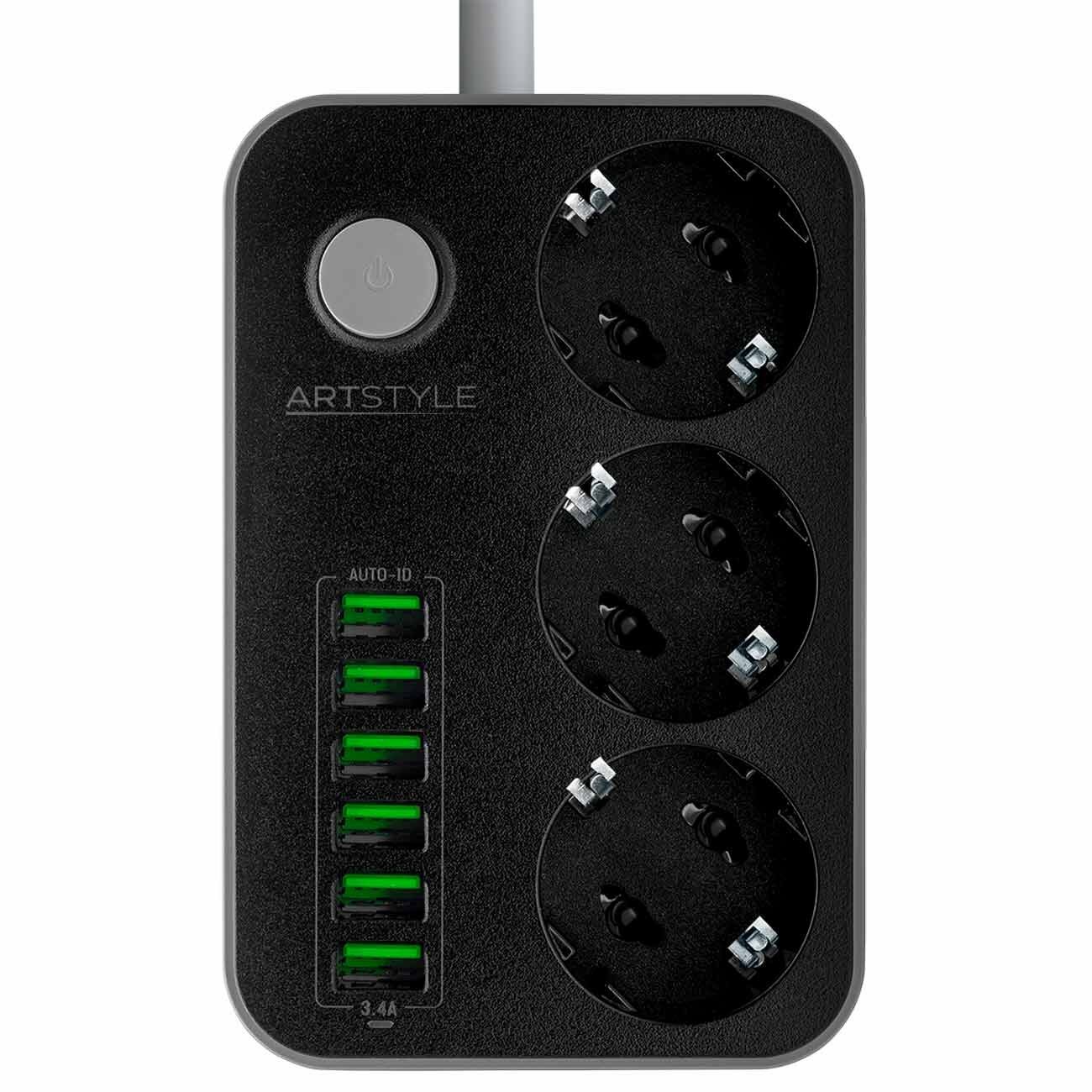 сетевой фильтр ARTSTYLE 3 гнезда 6USB 1,6м черный - фото №1