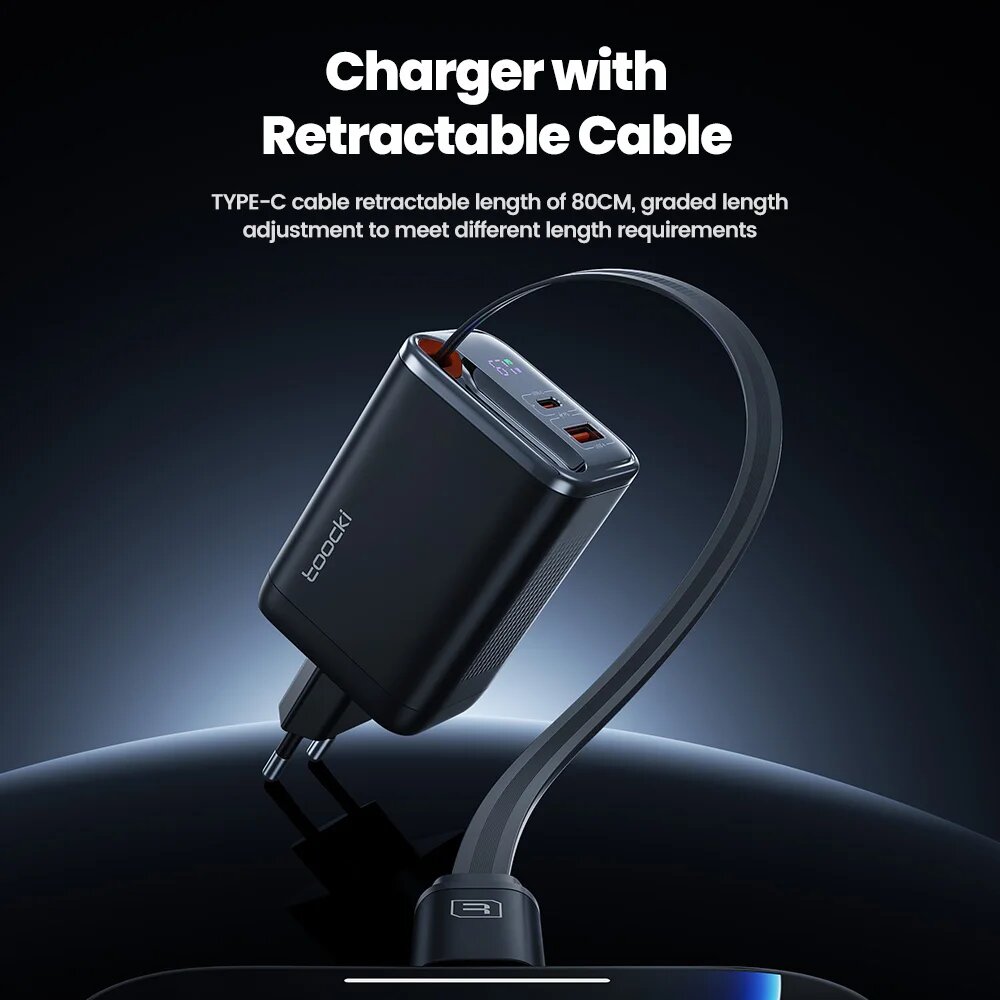 Зарядное устройство Toocki GaN USB C 67 Вт с выдвижным кабелем типа C PPS PD3.0 SFC2.0 Быстрое зарядное устройство для ноутбука iPhone 16 15 Samsung S25 S24, EU Black Display — фото 1