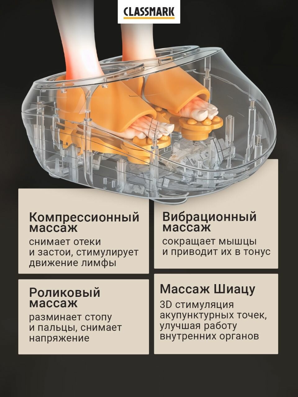 Массажер для ног электрический с подогревом Classmark вибромассажер компрессионный для стоп, шиацу и расслабление, с дистанционным управлением ДУ, 4 режима и 5 уровней интенсивности, таймер — фото 1