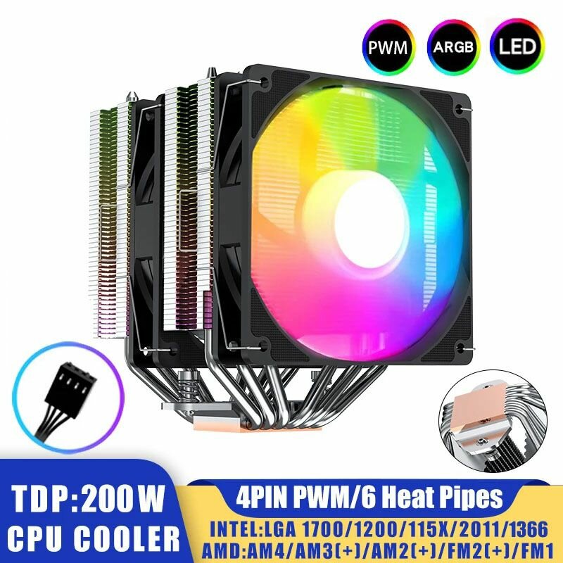 6 тепловых трубок кулер процессора ARGB 4PIN PWM 120 мм вентилятор процессора для Intel LGA 1150 1151 1155 1200 1366 1700 2011 X79 X99 AM4 AM5
