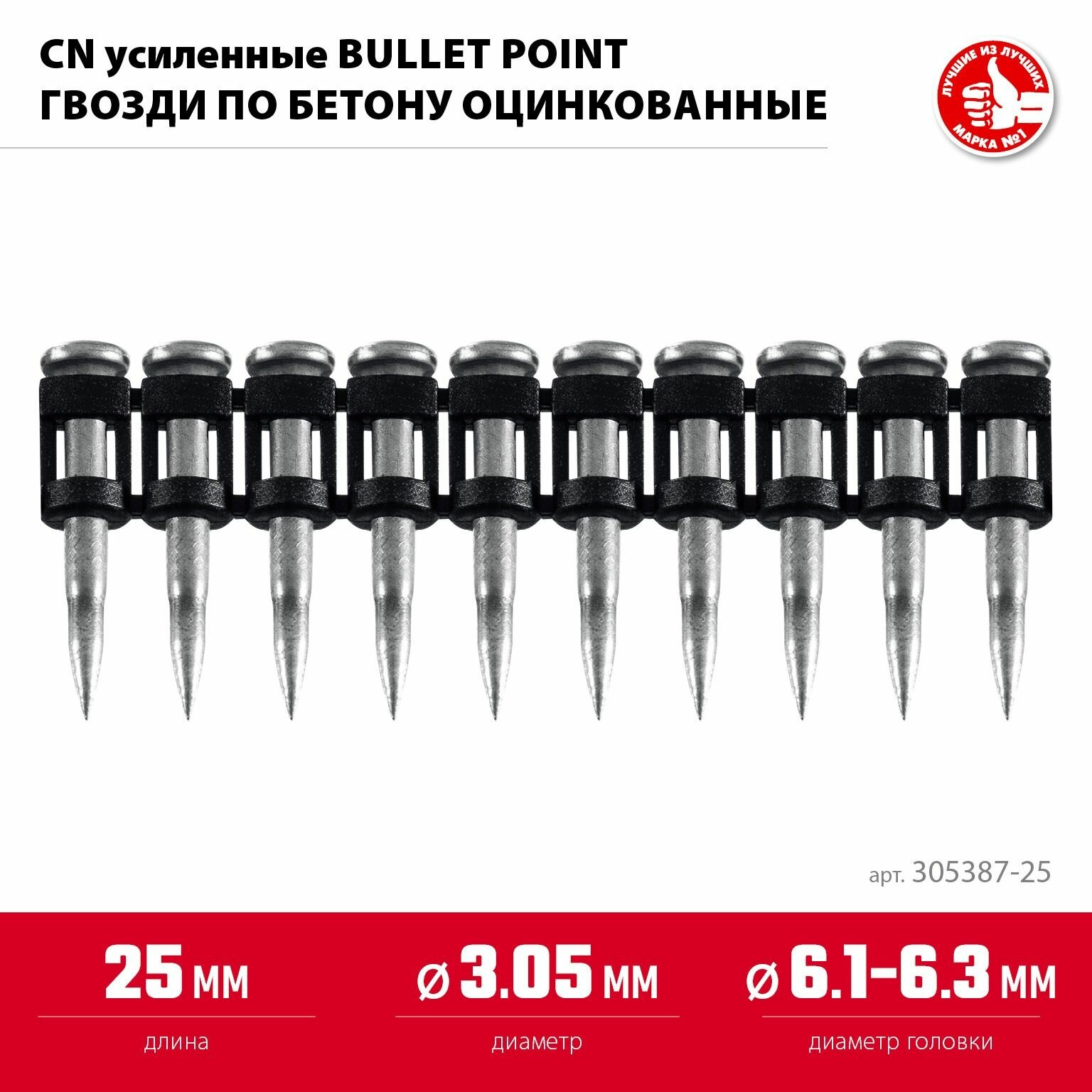 Гвозди по бетону оцинкованные, CN усиленные bullet point 25 х 3.05 мм, ЗУБР, 1000 шт