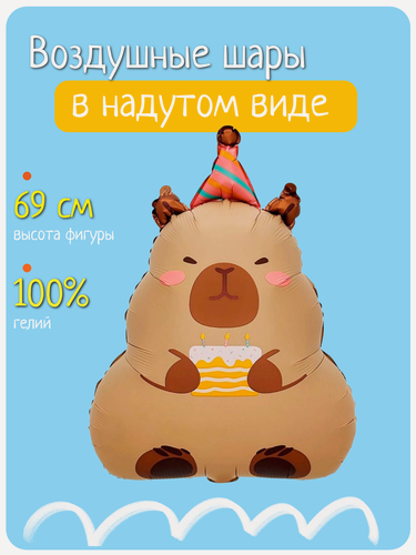 Изображение товара Воздушный шар с гелием на день рождения, фольгированный шарик Капибара с тортиком