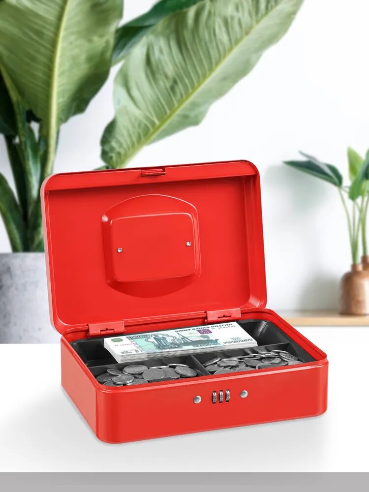 Ящик для денег SAFEBURG Keeper-25C Red Gloss, переносной сейф кэшбокс, лоток 3 отделения. Шкатулка для ценностей, тайник