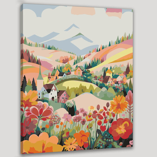 Изображение товара Картина по номерам 40x50 см, акварельная иллюстрация, пейзаж, сельская местность, холмы, коттеджи, поля, разноцветный