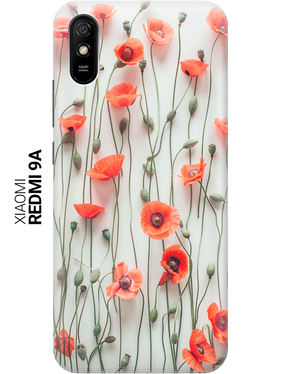 Силиконовый чехол на Xiaomi Redmi 9A / Сяоми Редми 9А с рисунком "Маки на белой стене"