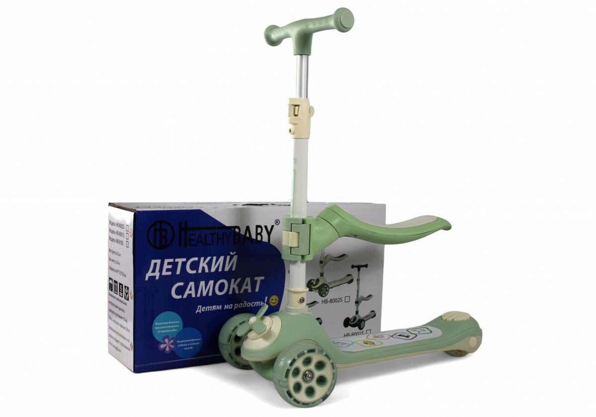 Детский самокат RiverToys HB-8001S зеленый с музыкой и подсветкой, складной, до 30кг