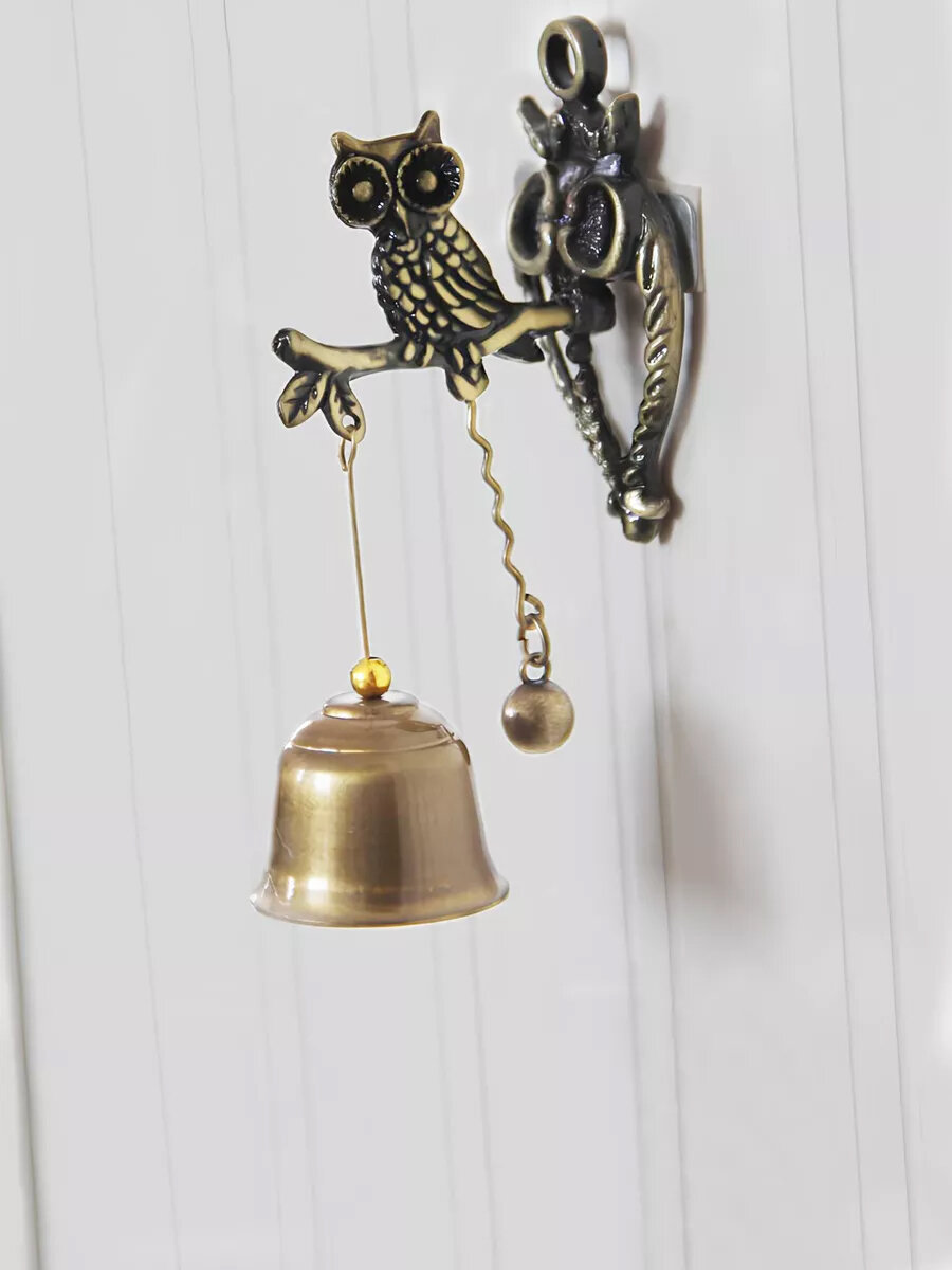 Колокольчик на дверь магазина металлический Сова винтажный на магните — фото 1