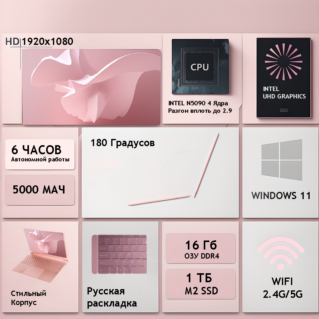 Ноутбук 15.6", Intel Celeron N5095 (2.9 ГГц), RAM 16 ГБ, SSD 1ТБ, Intel UHD Graphics, Windows 11 Pro, Розово-золотой Русская раскладка — фото 1