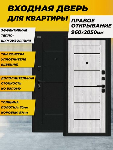 Изображение товара Входная дверь металлическая для квартиры Борн/SBlack Букле черное/Riviera Ice Правая 2050*960