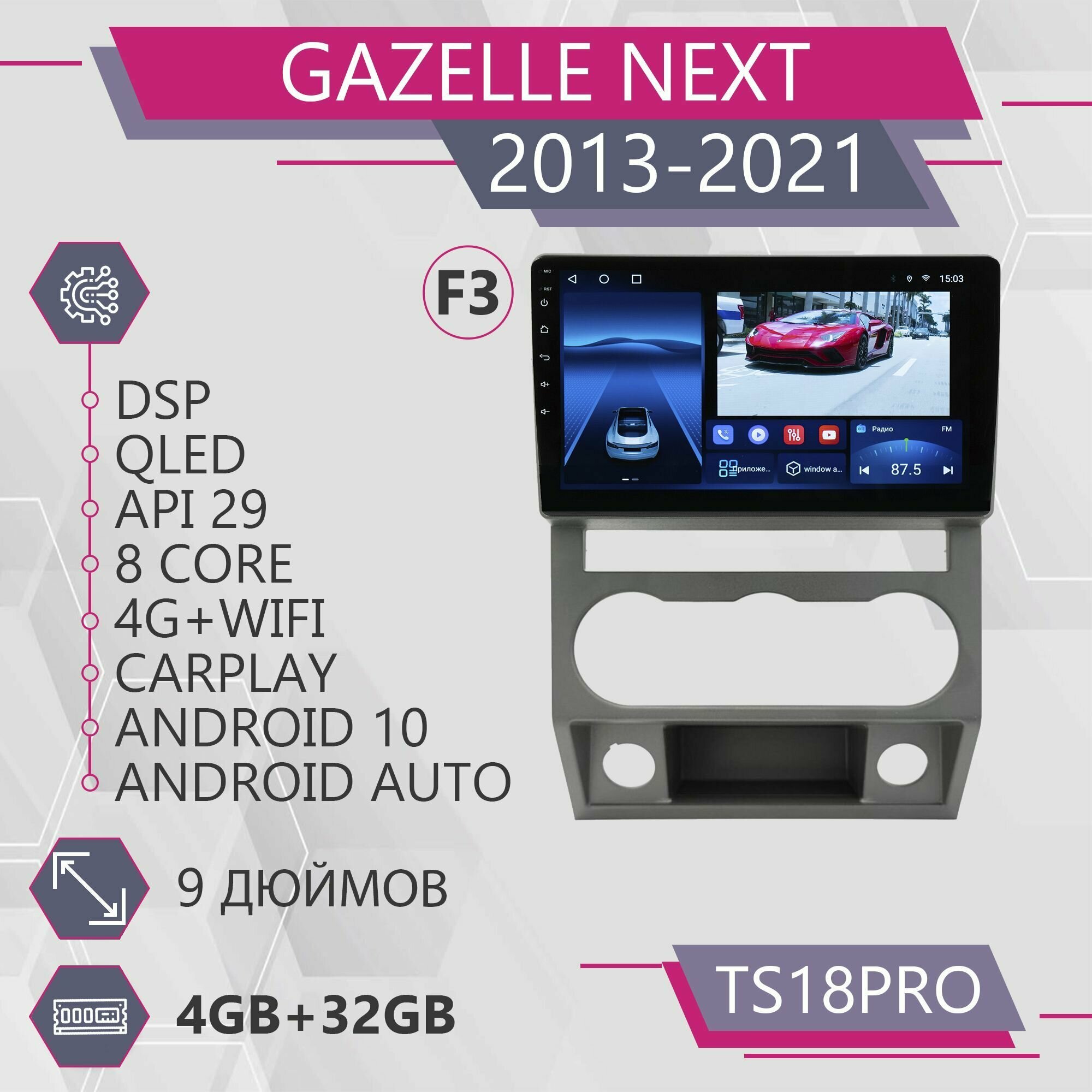 Штатная автомагнитола TS18Pro/ 4+32GB/ Gazelle Next F3/ Газель Некст/ Магнитола Android 10/2din/ Головное устройство/ Мультимедиа/
