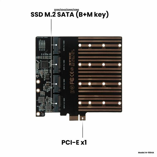 адаптер переходник плата расширения для ssd 12 16 pin i e 3 0 х1 x4 x8 x16 nfhk n 2013x Адаптер-переходник (плата расширения) для установки 4 накопителей SSD M.2 2230-2280 SATA (B+M key) в слот PCI-E х1, черный, NFHK N-1064A