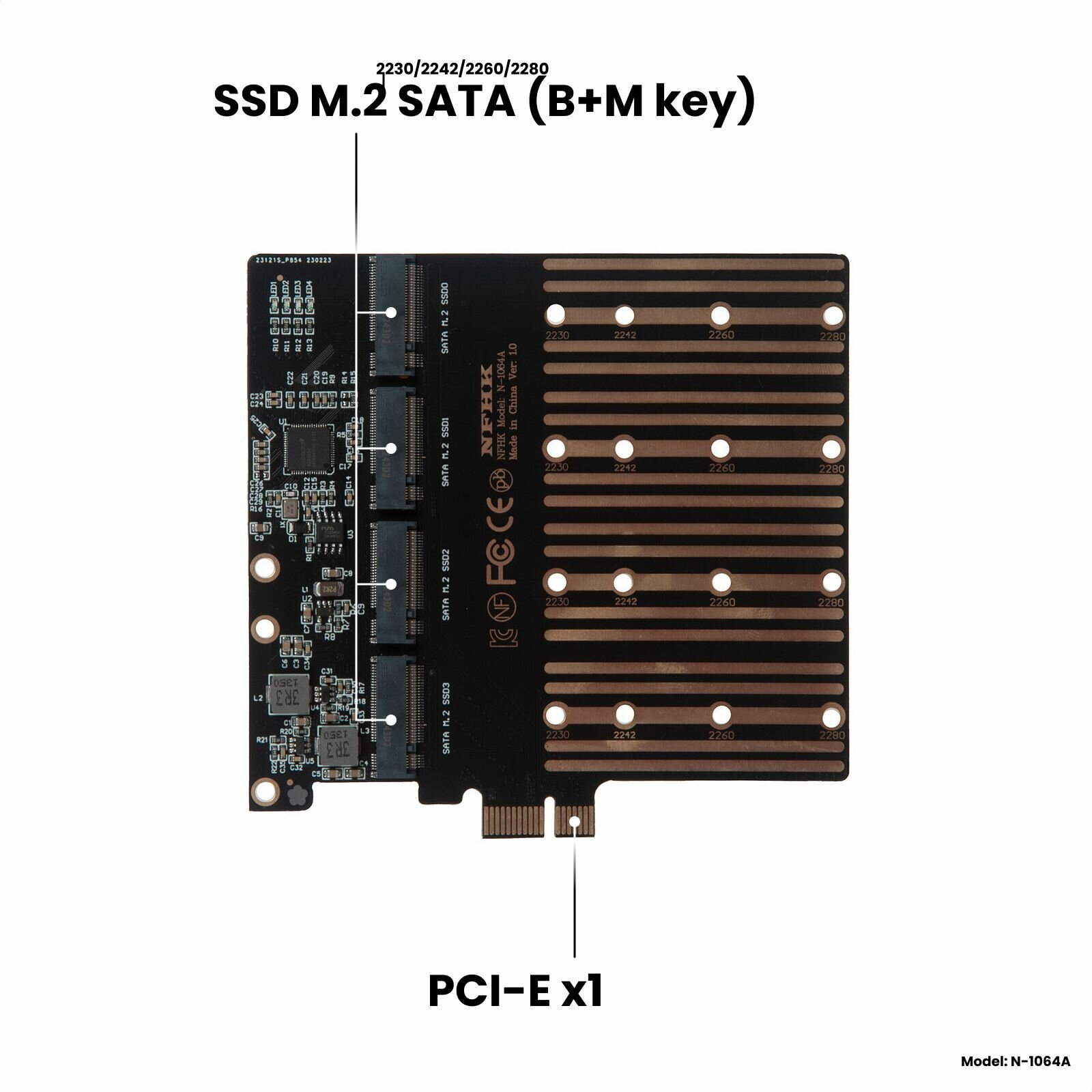 Адаптер-переходник (плата расширения) для установки 4 накопителей SSD M.2 2230-2280 SATA (B+M key) в слот PCI-E х1 черный NFHK N-1064A