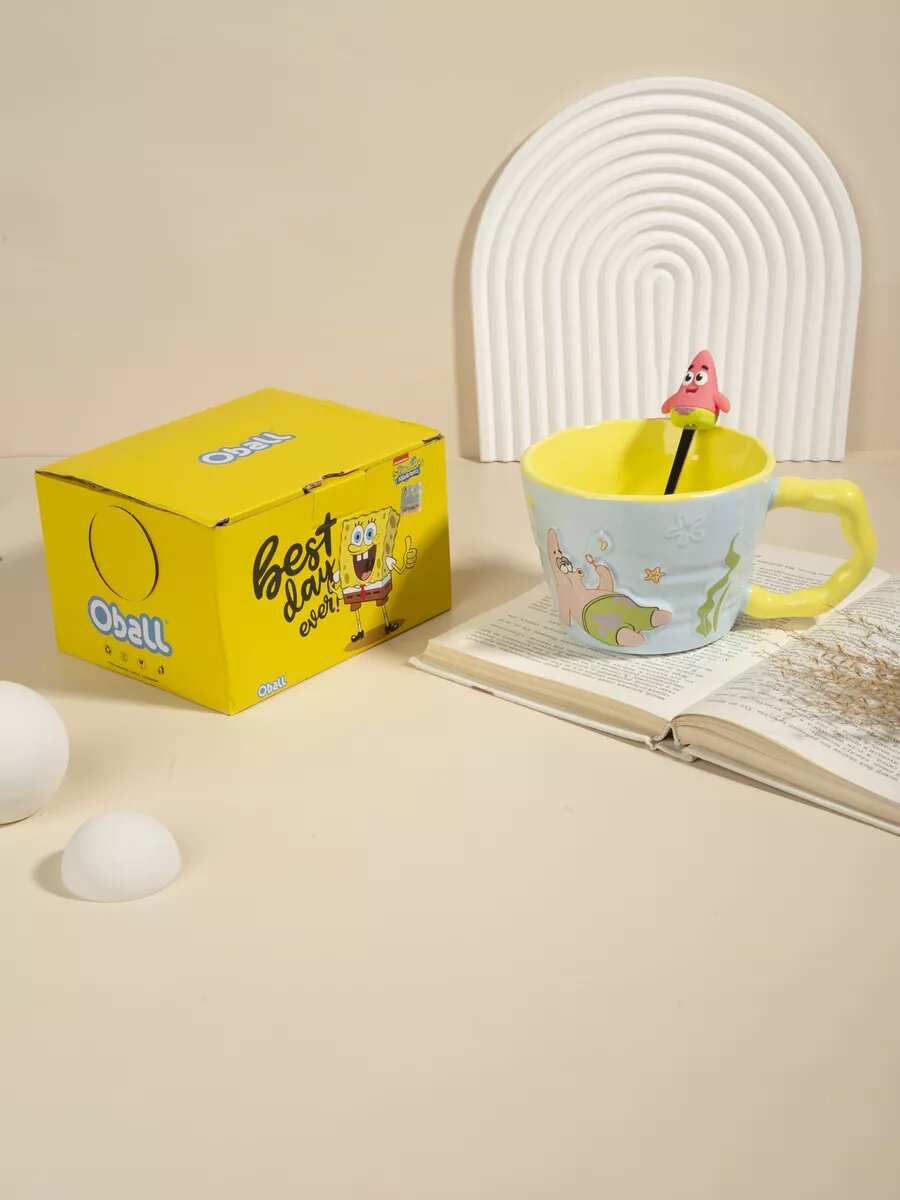 Кружка от бренда "Тепло в руках" "Губка Боб с Патриком", с ложкой, 400мл, керамика, для СВЧ, подарок — фото 1