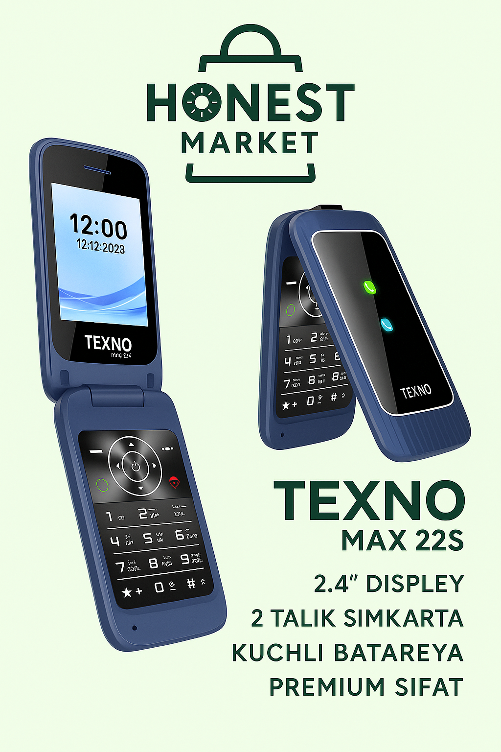 TEXNO MAX 22S — Раскладной телефон (две SIM-карты, большая батарея, мощный фонарик) синий