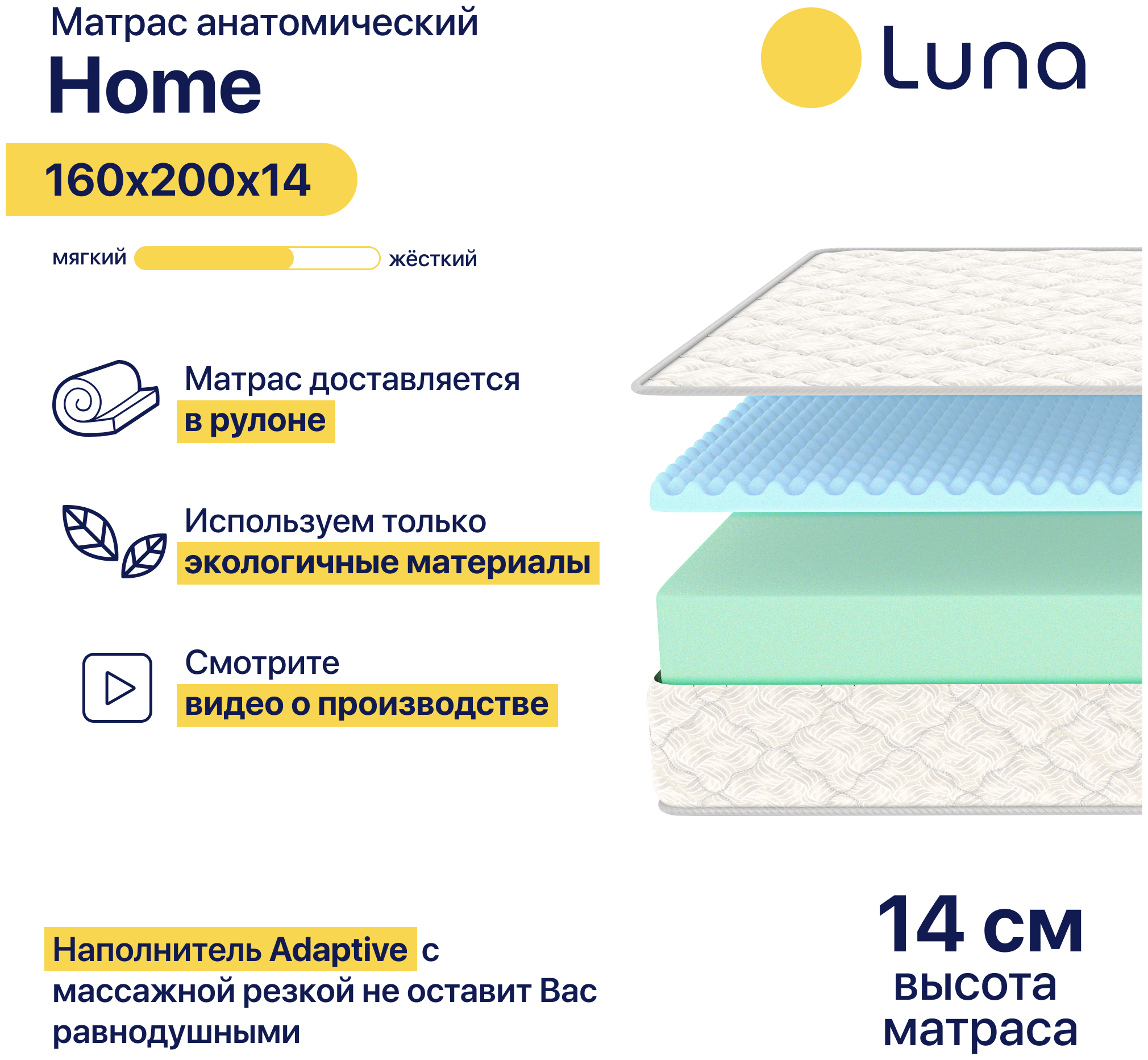 Матрас ортопедический Luna Home, беспружинный, высота 14 см — фото 1