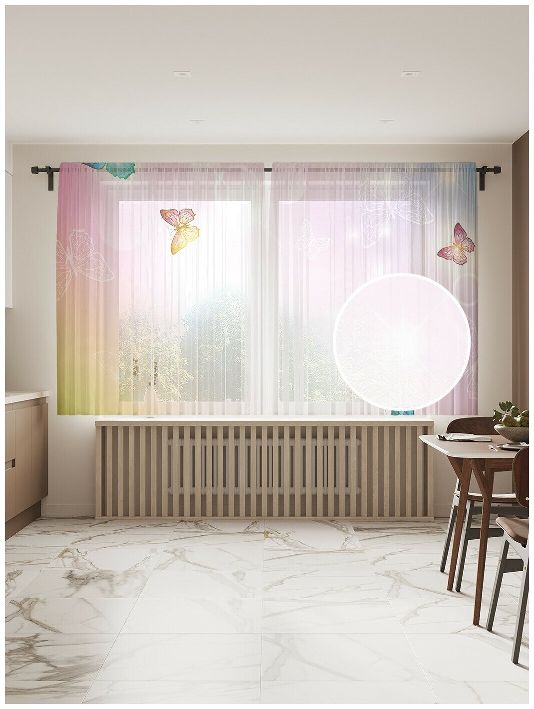 Тюль для кухни и спальни JoyArty "Градиентные бабочки", 2 полотна со шторной лентой шириной по 145 см, высота 180 см.