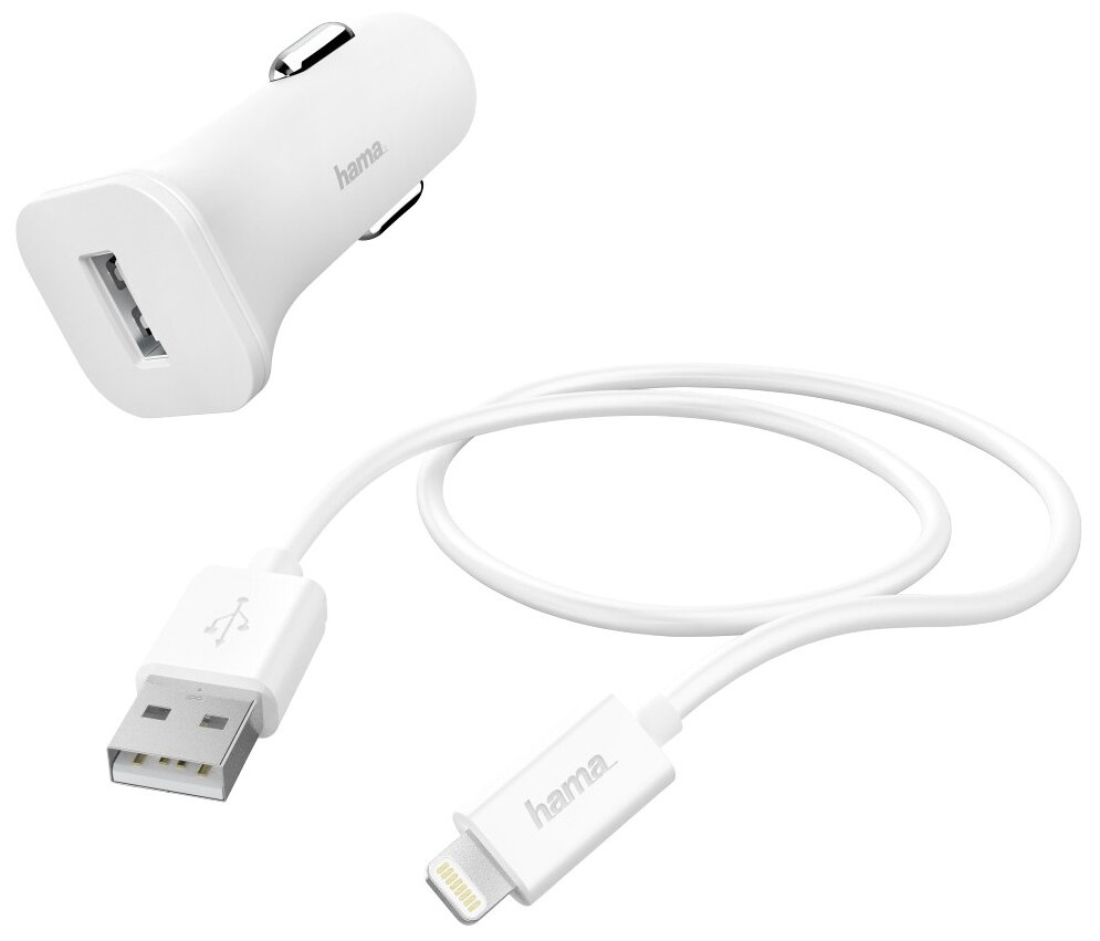 Автомобильное зарядное устройство Hama H-183291 1A кабель Apple Lightning белый (00183291) - фото №1