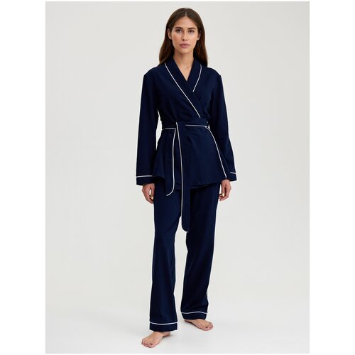 фото Пижама ihomewear, рубашка, брюки, длинный рукав, пояс, трикотажная, карманы, размер m(158-164), синий
