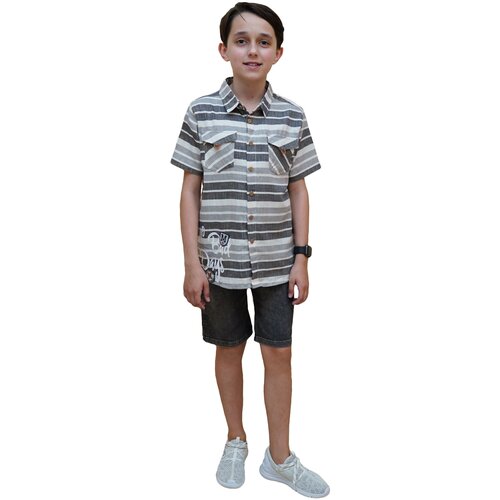 фото Рубашка & шорты комплект для мальчика, midimod gold, размер 104, цвет серый-горчичный/синий