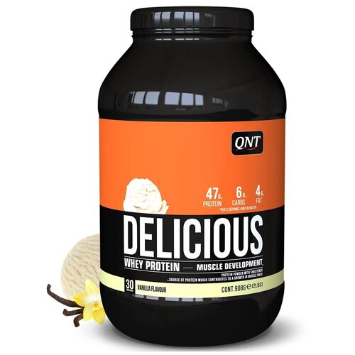 Протеин QNT Delicious Whey, 908 гр., ваниль протеин qnt delicious whey 2200 гр ваниль крем