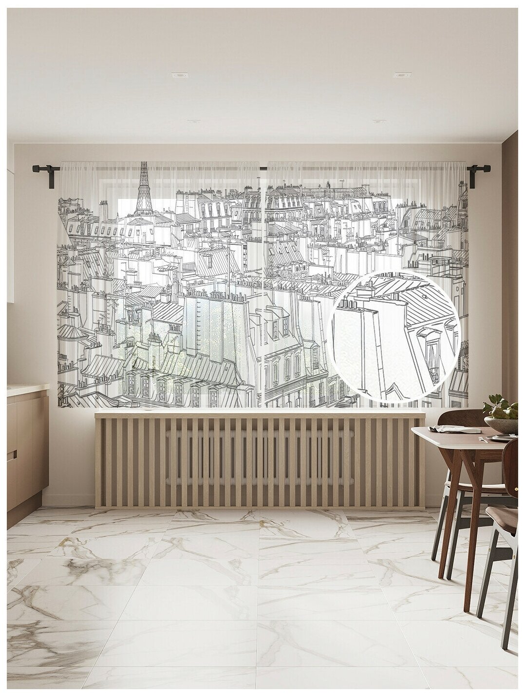 Тюль для кухни и спальни JoyArty "Зарисовки из Парижа", 2 полотна со шторной лентой шириной по 145 см, высота 180 см.