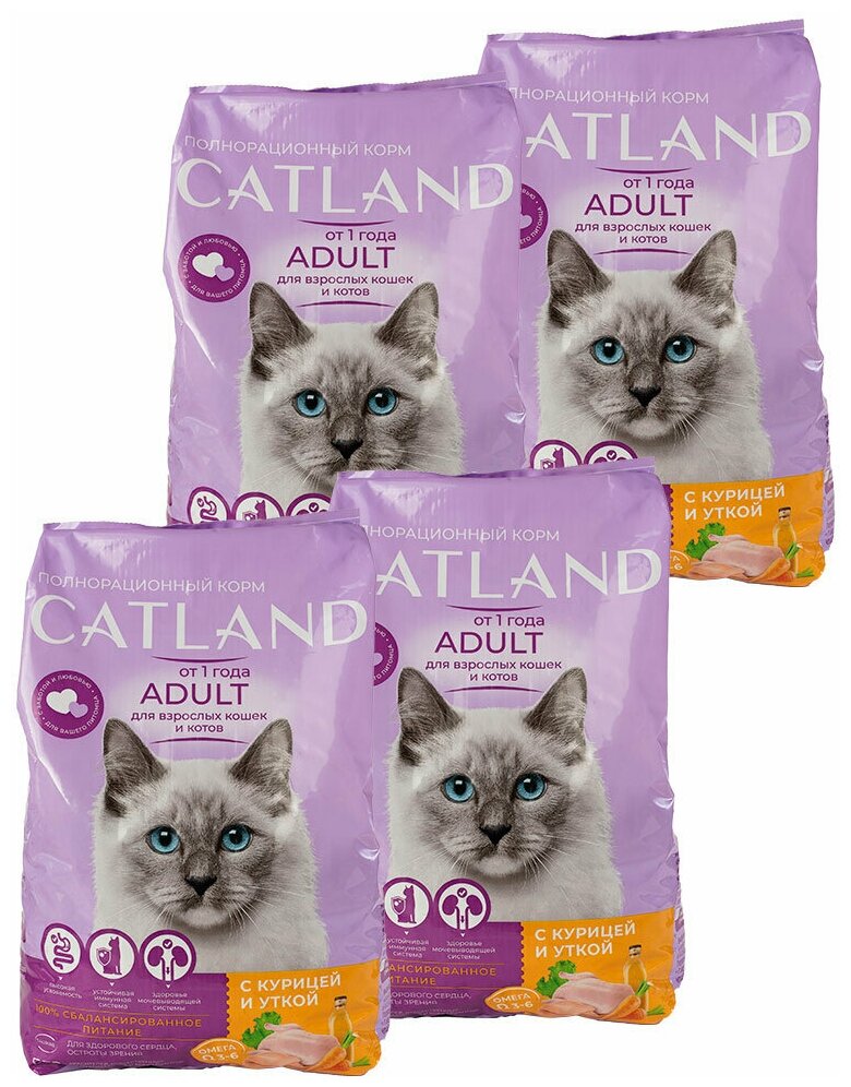 Сухой корм для кошек Catland с курицей и уткой, упаковка 4 шт х 350 г