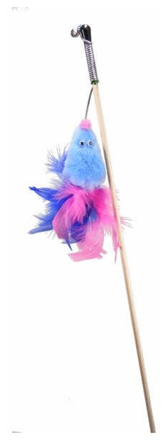 GoSi: Мышь с мятой, голубой мех, с хвостом, перо, на веревке, дерево, для кошек - фотография № 2
