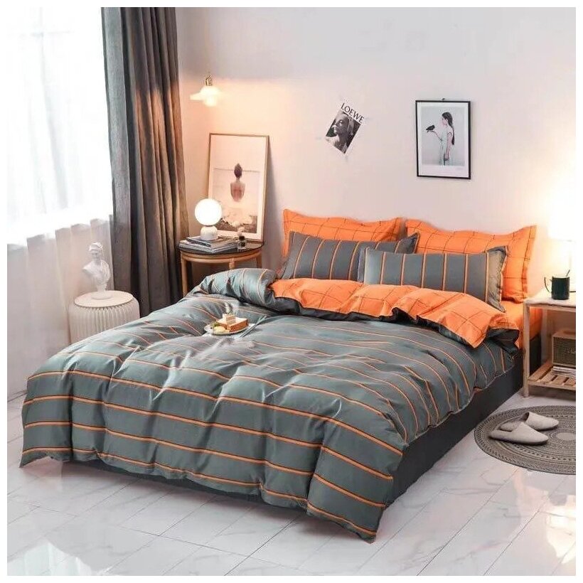 Комплект постельного белья 2-х спальный, сатин, 2 наволочки 70х70, пододеяльник на молнии, простыня на резинке по углам, серый/рыжий